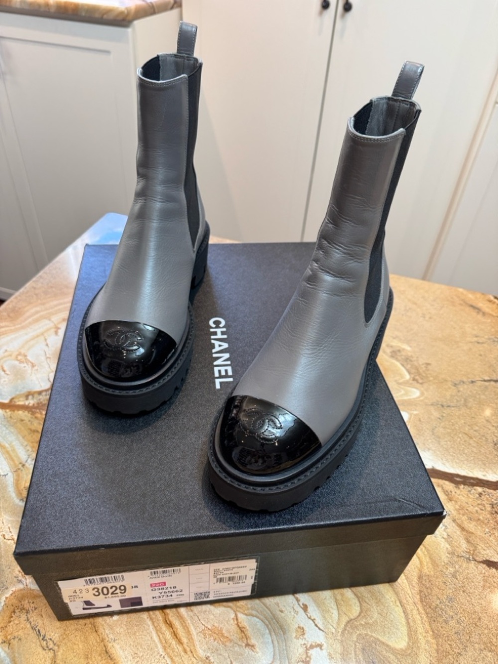 CHANEL Gray Leather Ankle Boots with Black Patent Toe Cap